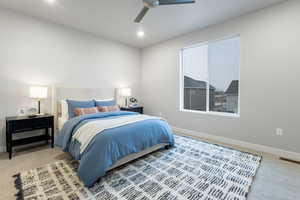 Bedroom with carpet and ceiling fan