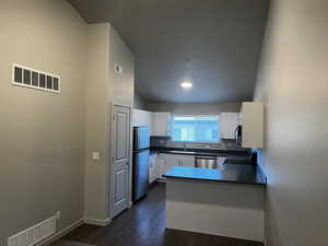 Kitchen featuring appliances with stainless steel finishes, vaulted ceiling, sink, white cabinets, and dark hardwood / wood-style floors