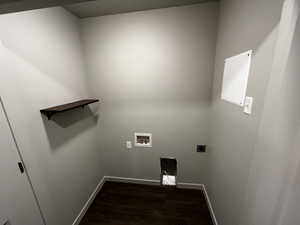 Laundry room featuring electric dryer hookup, dark wood-type flooring, and hookup for a washing machine