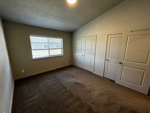 Unfurnished bedroom featuring dark colored carpet, a textured ceiling, and lofted ceiling