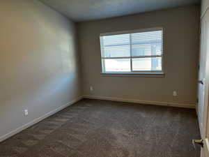 Carpeted spare room with a textured ceiling