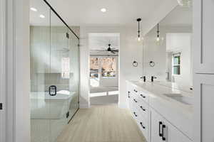 Bathroom featuring ceiling fan, vanity, a healthy amount of sunlight, and walk in shower