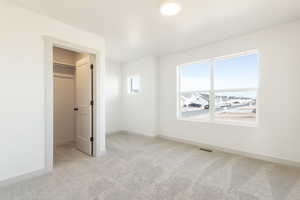 Unfurnished bedroom with a walk in closet, a closet, and light colored carpet