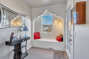 Sitting room featuring carpet flooring