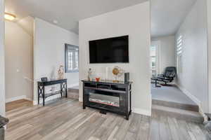 Living room featuring light hardwood / wood-style flooring and a healthy amount of sunlight