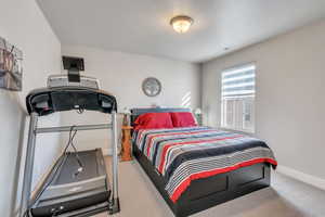 Bedroom featuring light carpet