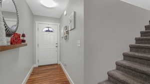 Doorway to outside featuring dark wood-type flooring