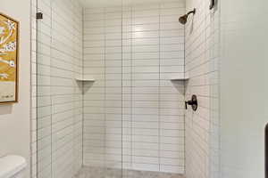 Bathroom with a tile shower and toilet