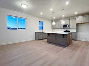 Kitchen featuring appliances with stainless steel finishes, decorative light fixtures, light hardwood / wood-style flooring, and gray cabinetry