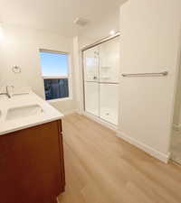 Bathroom featuring vanity, wood-type flooring, and an enclosed shower