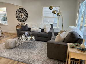 Living room featuring hardwood / wood-style flooring and a healthy amount of sunlight