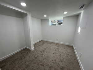 Basement featuring carpet