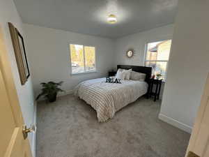 Carpeted bedroom with a textured ceiling and multiple windows