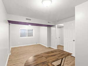 Basement featuring light hardwood / wood-style flooring and a textured ceiling