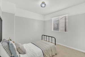 Bedroom featuring light carpet