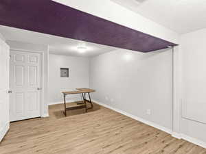 Basement with electric panel and light hardwood / wood-style flooring