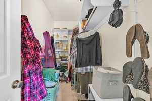 Walk in closet featuring light colored carpet