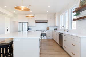 Kitchen featuring sink, hanging light fixtures, high quality appliances, white cabinets, and custom range hood