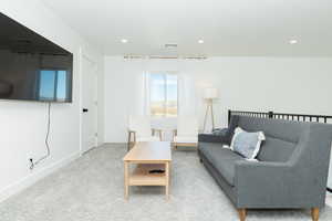 Living room featuring light colored carpet