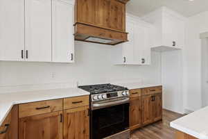 Kitchen with hardwood / wood-style flooring, white cabinets, custom exhaust hood, and stainless steel gas range