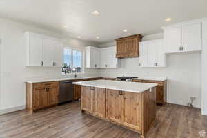 Kitchen with white cabinets, a kitchen island, stainless steel appliances, and dark wood-type flooring