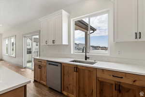 Kitchen with dark hardwood / wood-style flooring, dishwasher, white cabinets, and sink