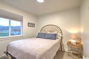 Bedroom featuring a mountain view and carpet