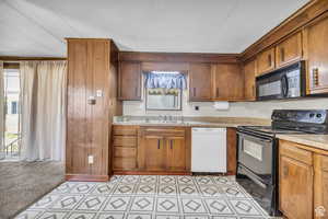 Kitchen with light stone countertops, sink, light colored carpet, and black appliances