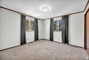 Carpeted empty room with a textured ceiling and crown molding