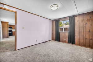 Carpeted Master featuring crown molding, a textured ceiling, and wooden walls