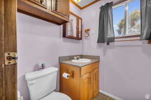 Bathroom featuring crown molding, vanity, and toilet