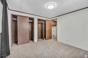 Unfurnished bedroom with light carpet, a textured ceiling, and ornamental molding