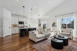 Living room with dark hardwood / wood-style floors, sink, and high vaulted ceiling