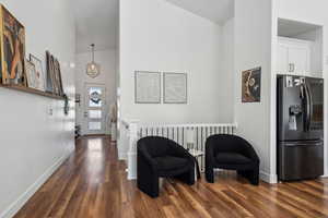 Foyer entrance with dark hardwood / wood-style flooring and a towering ceiling