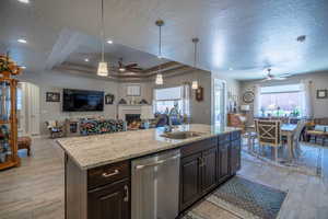 Kitchen with light hardwood / wood-style floors, stainless steel dishwasher, a healthy amount of sunlight, and sink