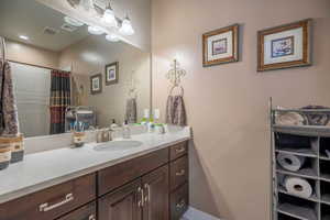 Bathroom with a shower with curtain and vanity