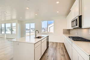 Kitchen with a center island with sink, white cabinets, sink, LVP flooring, and appliances with stainless steel finishes