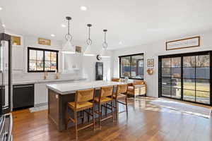 Kitchen featuring white cabinetry, plenty of natural light, pendant lighting, and stainless steel dishwasher