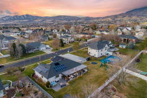 Aerial view at dusk with a mountain view