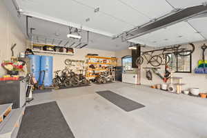 Garage with a workshop area and a garage door opener