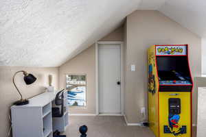 Interior space with a textured ceiling, carpet floors, and vaulted ceiling