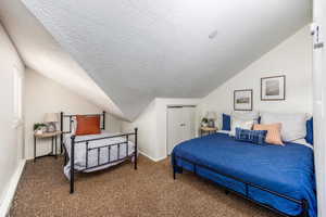 Carpeted bedroom featuring lofted ceiling and a textured ceiling