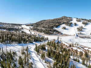 Snowy aerial view with a mountain view