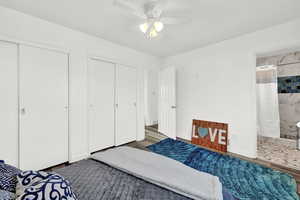 Bedroom featuring ensuite bath, ceiling fan, two closets, and dark hardwood / wood-style floors