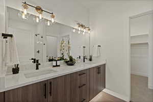 Bathroom with vanity and a shower with shower door