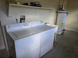 Laundry room featuring separate washer and dryer, water heater, and sink