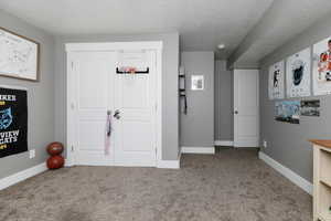 Interior space with light colored carpet and a textured ceiling