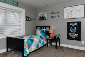 Bedroom with carpet flooring and a textured ceiling