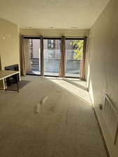 Carpeted empty room featuring plenty of natural light and a textured ceiling