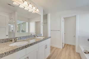 Bathroom with wood-type flooring, vanity, and independent shower and bath